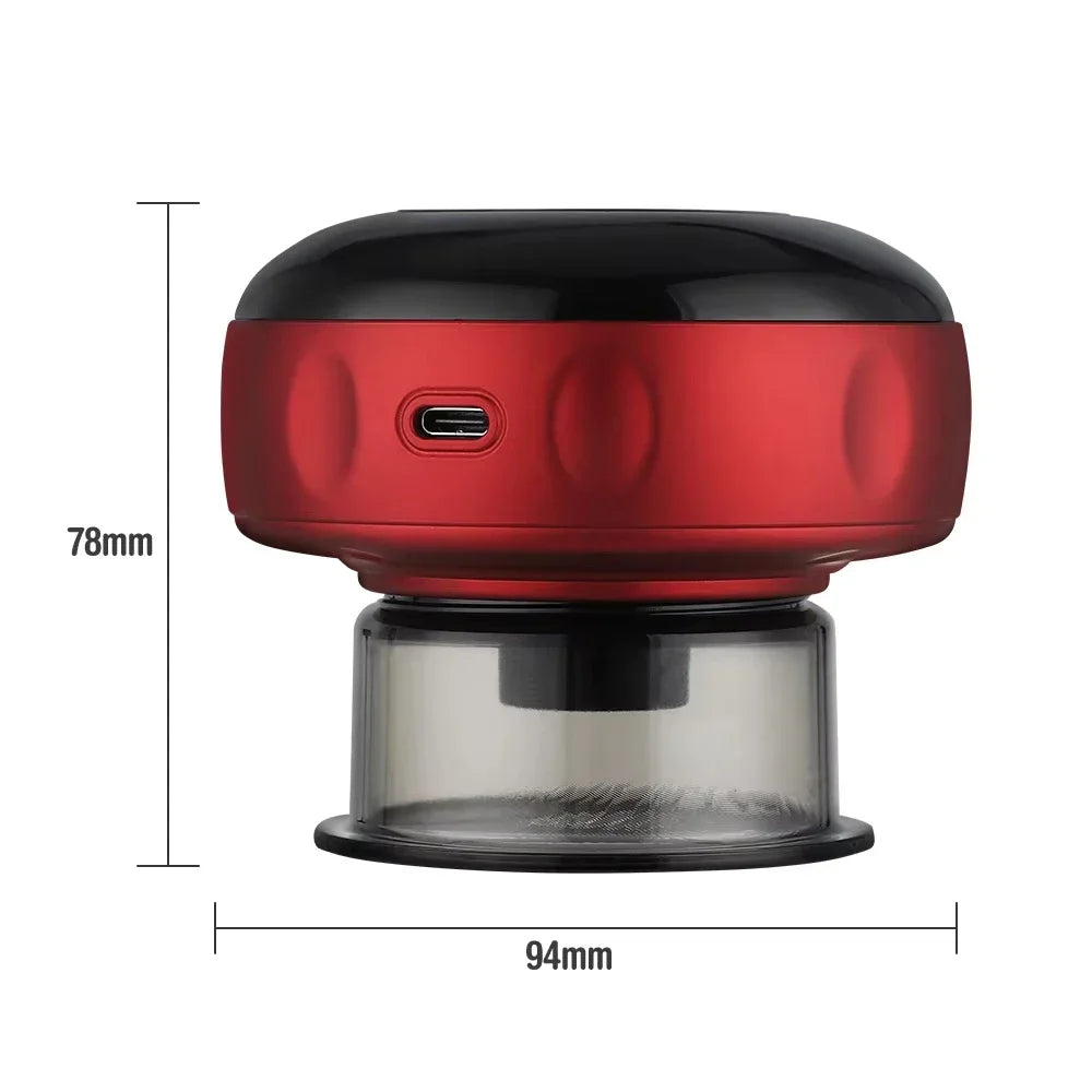 Red and black Motyx device with USB-C port, 78mm tall, 94mm wide, transparent base