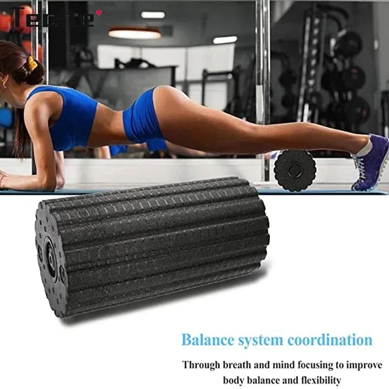 Woman using black foam roller in gym, Motyx fitness equipment for balance and flexibility
