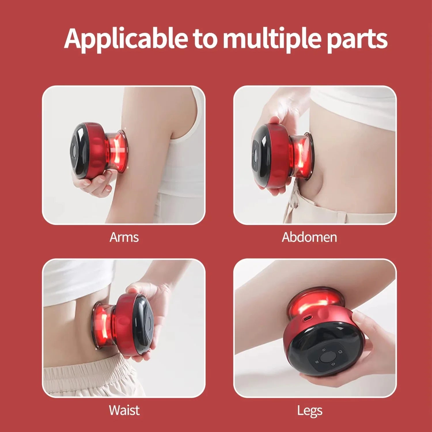 Motyx red massager used on arms, abdomen, waist, and legs for versatile relief