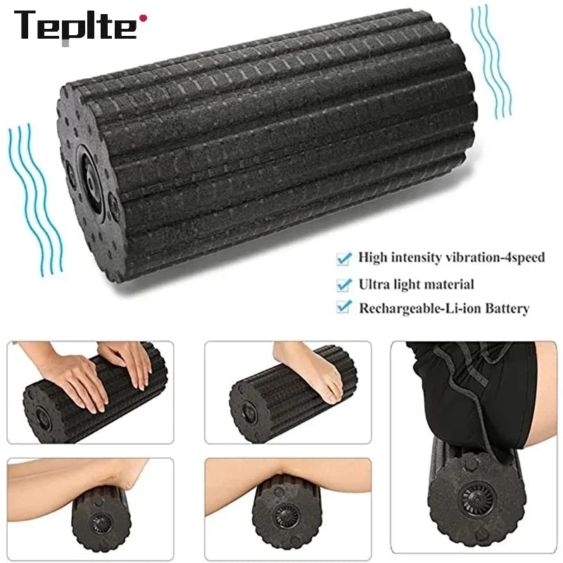 Teplte black vibrating foam roller with textured surface, used for muscle massage and recovery
