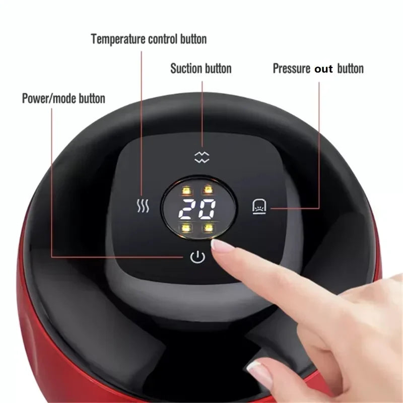 Motyx device control panel with power, temperature, suction, and pressure buttons, finger pressing button