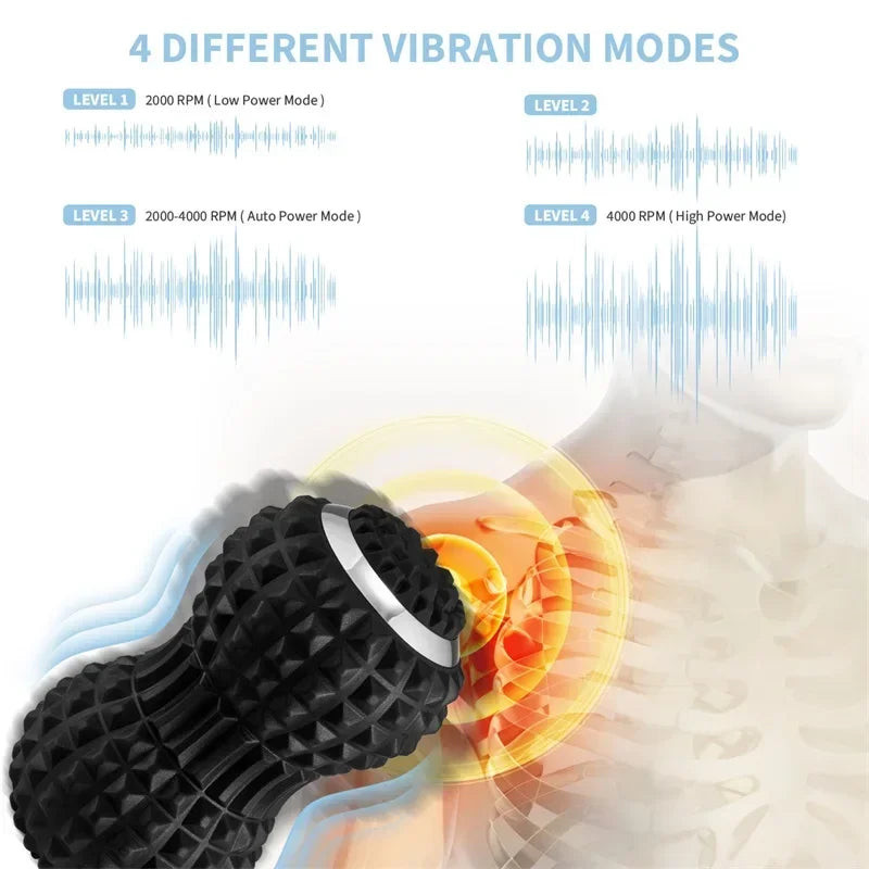 Motyx black vibrating massage roller shows 4 vibration modes, targeting neck and shoulder muscles.