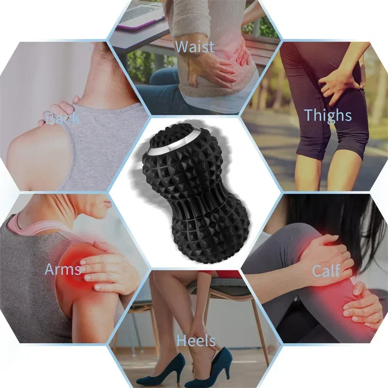 Motyx black textured massage roller targeting back, waist, thighs, arms, heels, and calves pain relief